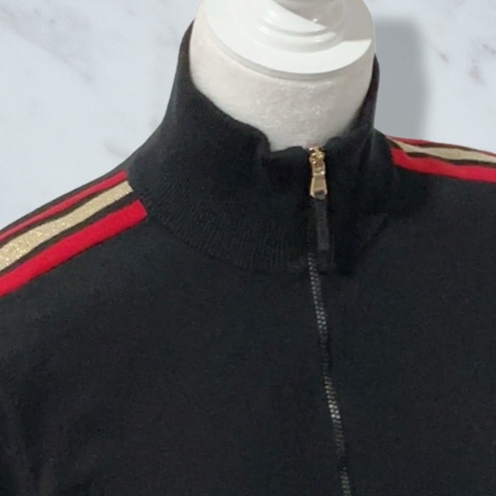 NWT LAUREN ACTIVE RALPH LAUREN Black Knit Golf Top Red Gold Metallic Accents Lg - Picture 2 of 13